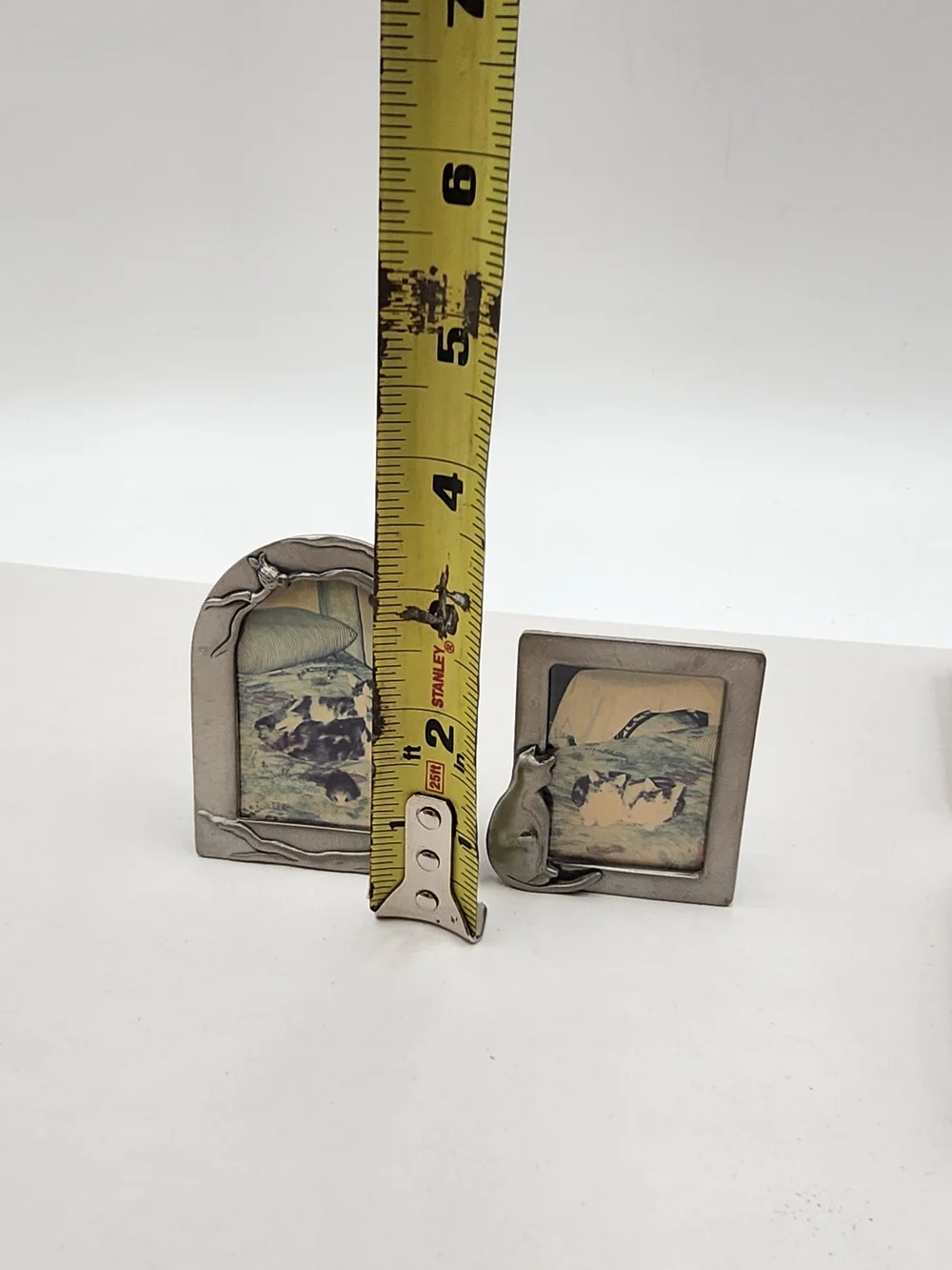 2 Vintage Pewter Silver Cat Mini Picture Frame Pair 2x3